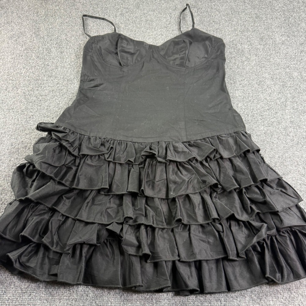 Betsey Johnson Dress 10 Black Ruffle Tiered Bustier Spaghetti Strap Women